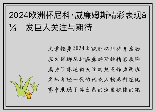 2024欧洲杯尼科·威廉姆斯精彩表现引发巨大关注与期待