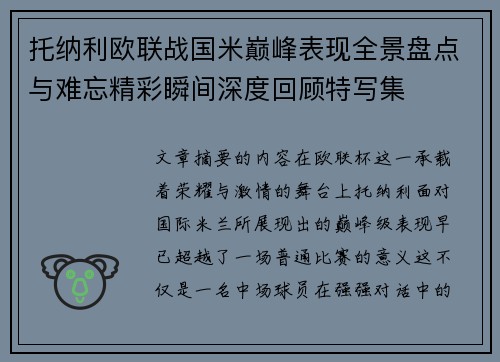 托纳利欧联战国米巅峰表现全景盘点与难忘精彩瞬间深度回顾特写集